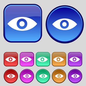 Eye, Publish content, sixth sense, intuition icon sign. A set of twelve vintage buttons for your design. illustration