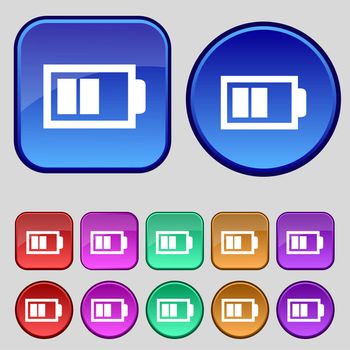 Battery half level sign icon. Low electricity symbol. Set of colour buttons. illustration