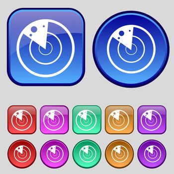 radar icon sign. A set of twelve vintage buttons for your design. illustration