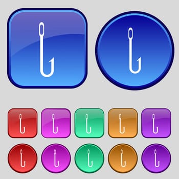 Fishing hook icon sign. A set of twelve vintage buttons for your design. illustration