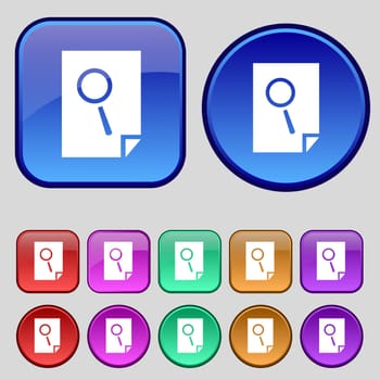 Search in file sign icon. Find in document symbol. Set of colored buttons. illustration