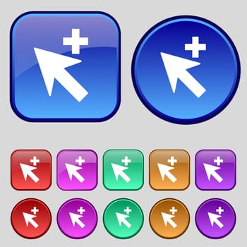 Cursor, arrow plus, add icon sign. A set of twelve vintage buttons for your design. illustration