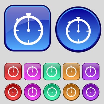 Timer sign icon. Stopwatch symbol. Set of colourful buttons. illustration