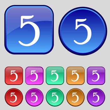 number five icon sign. Set of coloured buttons. illustration