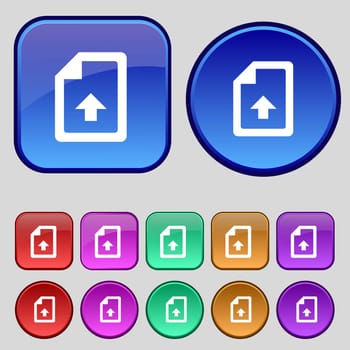 Export, Upload file icon sign. A set of twelve vintage buttons for your design. illustration