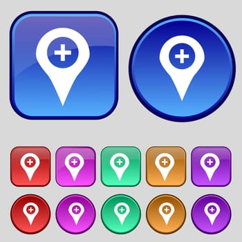 Plus Map pointer, GPS location icon sign. A set of twelve vintage buttons for your design. illustration