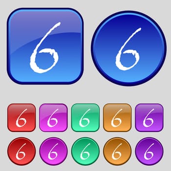 number six icon sign. Set of coloured buttons. illustration