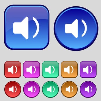 Speaker volume, Sound icon sign. A set of twelve vintage buttons for your design. illustration