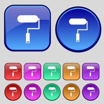 Paint roller sign icon. Painting tool symbol. Set of colored buttons. illustration