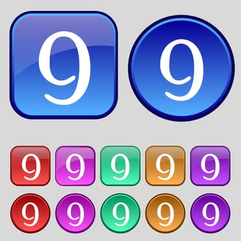 number Nine icon sign. Set of coloured buttons. illustration