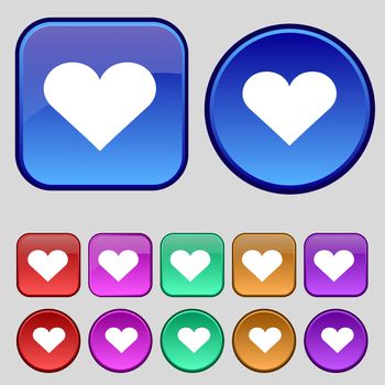 Heart, Love icon sign. A set of twelve vintage buttons for your design. illustration