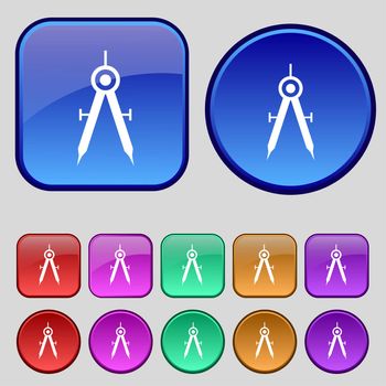 Mathematical Compass sign icon. Set of colored buttons. illustration