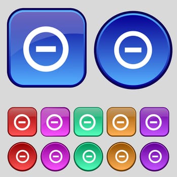 Minus, Negative, zoom, stop icon sign. A set of twelve vintage buttons for your design. illustration