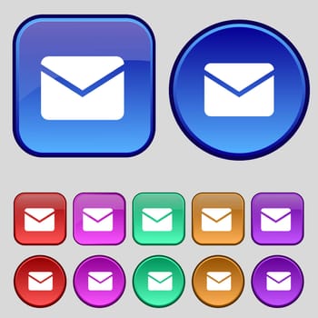 Mail, Envelope, Message icon sign. A set of twelve vintage buttons for your design. illustration