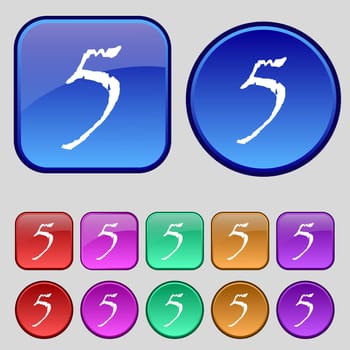 number five icon sign. Set of coloured buttons. illustration