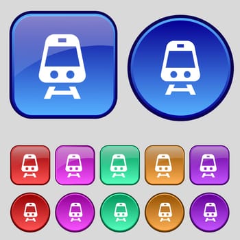 Train icon sign. A set of twelve vintage buttons for your design. illustration