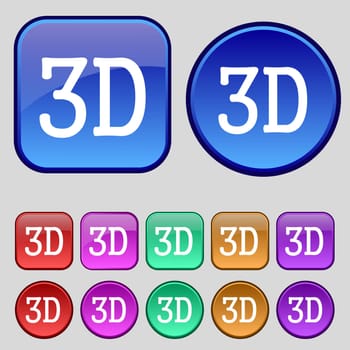 3D sign icon. 3D New technology symbol. Set of colour buttons. illustration