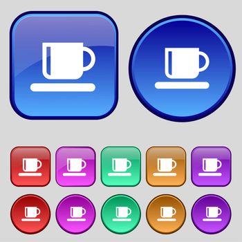 Coffee cup icon sign. A set of twelve vintage buttons for your design. illustration