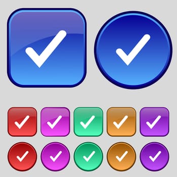 Check mark, tik icon sign. A set of twelve vintage buttons for your design. illustration