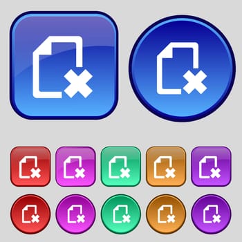 delete File document icon sign. A set of twelve vintage buttons for your design. illustration