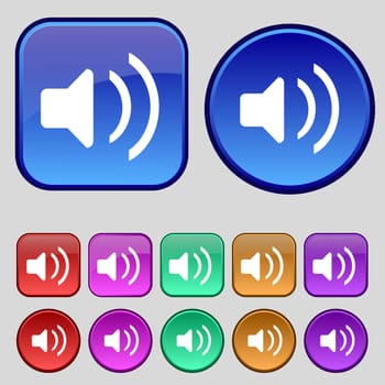 Speaker volume, Sound icon sign. A set of twelve vintage buttons for your design. illustration