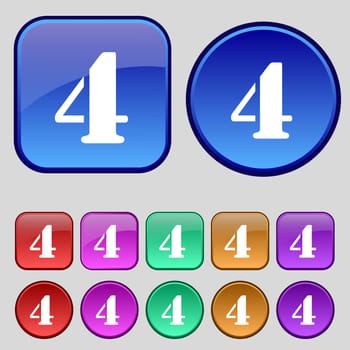 number four icon sign. Set of coloured buttons. illustration