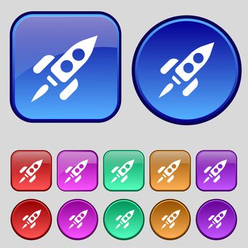Rocket icon sign. A set of twelve vintage buttons for your design. illustration