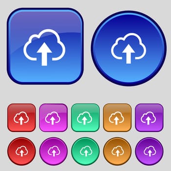 Upload from cloud icon sign. A set of twelve vintage buttons for your design. illustration