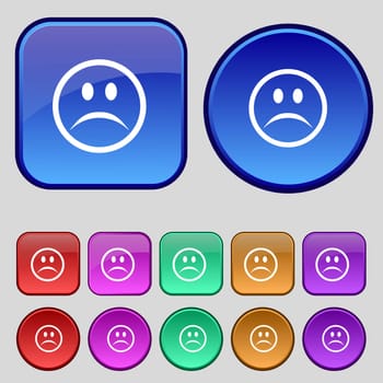 Sad face, Sadness depression icon sign. A set of twelve vintage buttons for your design. illustration