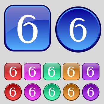 number six icon sign. Set of coloured buttons. illustration