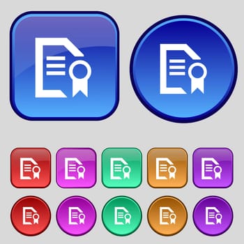Award File document icon sign. A set of twelve vintage buttons for your design. illustration