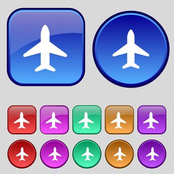Airplane, Plane, Travel, Flight icon sign. A set of twelve vintage buttons for your design. illustration