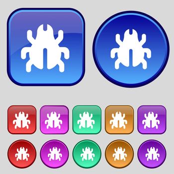 Software Bug, Virus, Disinfection, beetle icon sign. A set of twelve vintage buttons for your design. illustration