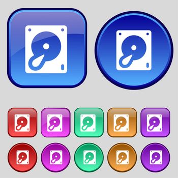 Hard disk and database icon sign. A set of twelve vintage buttons for your design. illustration
