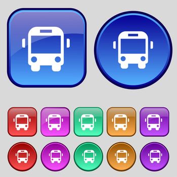 Bus icon sign. A set of twelve vintage buttons for your design. illustration