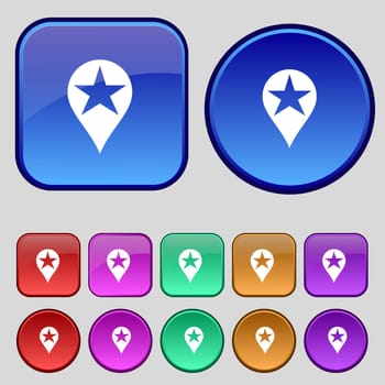 Map pointer award, GPS location icon sign. A set of twelve vintage buttons for your design. illustration