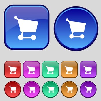 Shopping basket icon sign. A set of twelve vintage buttons for your design. illustration