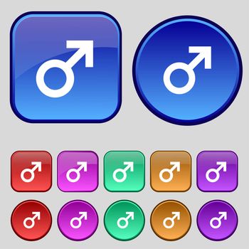 Male sex icon sign. A set of twelve vintage buttons for your design. illustration
