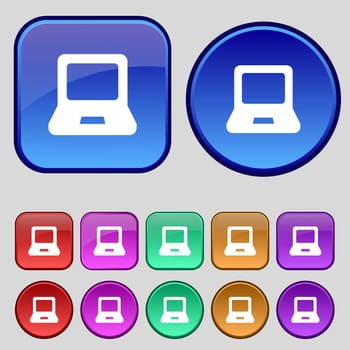 Laptop icon sign. A set of twelve vintage buttons for your design. illustration