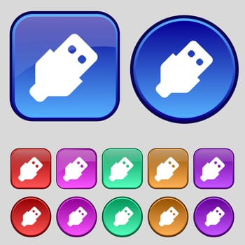 USB icon sign. A set of twelve vintage buttons for your design. illustration