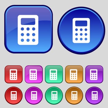 Calculator, Bookkeeping icon sign. A set of twelve vintage buttons for your design. illustration