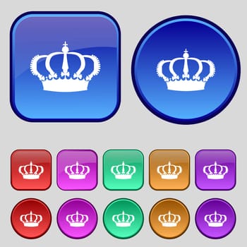 Crown icon sign. A set of twelve vintage buttons for your design. illustration