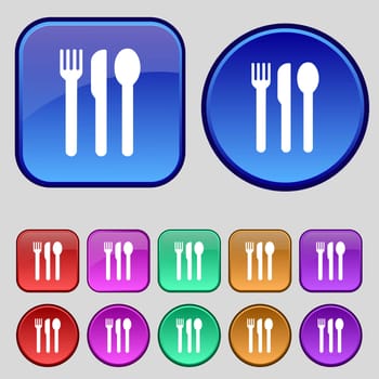 fork, knife, spoon icon sign. A set of twelve vintage buttons for your design. illustration