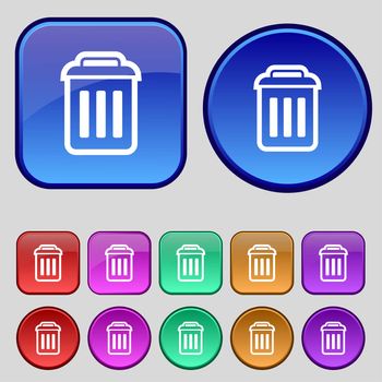the trash icon sign. A set of twelve vintage buttons for your design. illustration