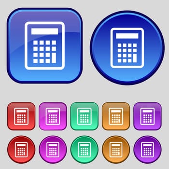 Calculator icon sign. A set of twelve vintage buttons for your design. illustration