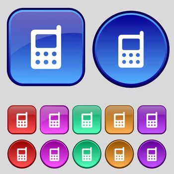 mobile phone icon sign. A set of twelve vintage buttons for your design. illustration