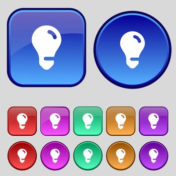 light bulb, idea icon sign. A set of twelve vintage buttons for your design. illustration