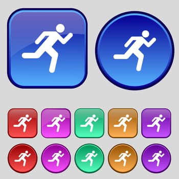 running man icon sign. A set of twelve vintage buttons for your design. illustration