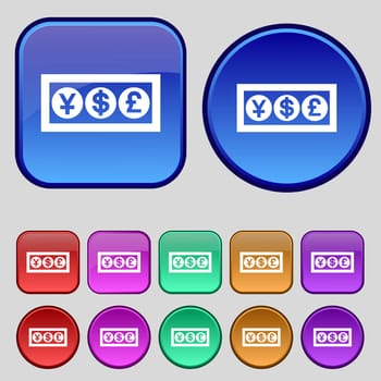 Cash currency icon sign. A set of twelve vintage buttons for your design. illustration