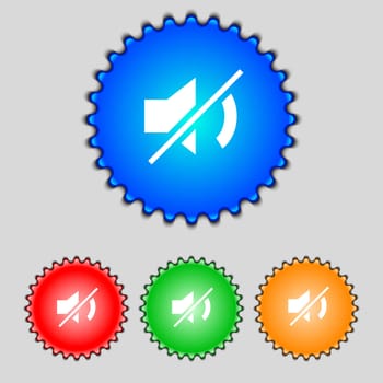 Mute speaker sign icon. Sound symbol. Set colourful buttons. illustration